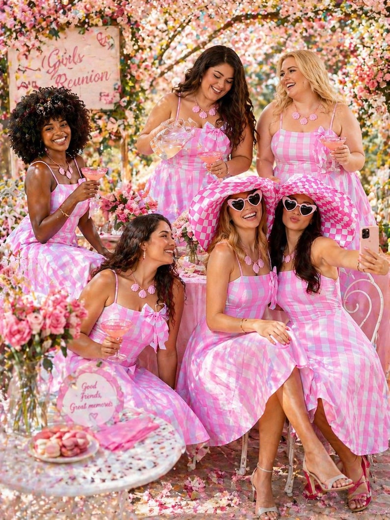 Peut inclure: Un groupe de personnes se r&eacute;unit en plein air, portant des robes et accessoires assortis en vichy rose et blanc. La sc&egrave;ne est orn&eacute;e de d&eacute;corations florales et d'une pancarte indiquant "Girls Reunion". Certaines personnes tiennent des boissons et posent pour une photo.