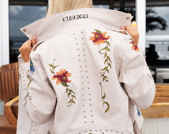 Wedding Jacket, Custom Collar Faux Leather Jacket with embroidered flowers , Bride Leather Jacket, Bride Gift,  Honeymoon Gift -flowers jack