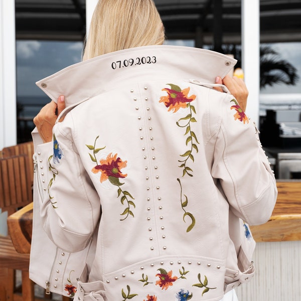 Wedding Jacket, Custom Collar Faux Leather Jacket with embroidered flowers , Bride Leather Jacket, Bride Gift,  Honeymoon Gift -flowers jack