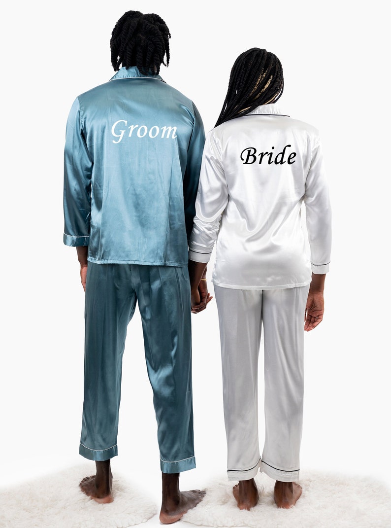 Mr and Mrs Custom Satin Pajamas, Matching Satin Pajamas Couple, Wedding Gift for Groom and Bride, Anniversary Gift, Honeymoon, LongLong image 4