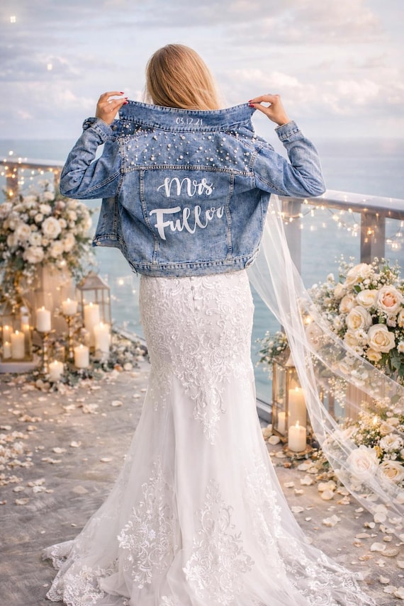 white christmas dresses Personalized Mrs Bridal Jean Jacket – Sunny Boutique Miami main image 0