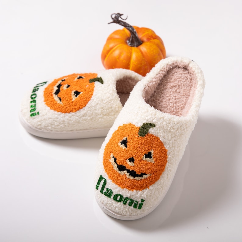 Personalized Pumpkin Slippers, Custom Halloween Slippers, Pumpkin Halloween Slippers, Spooky Halloween Slippers, Halloween Slippers gifts image 2