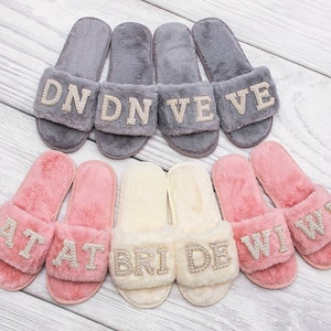 Personalized Fluffy Slippers, Bridesmaid slippers, Bachelorette gifts, Spa slippers, Slumber party, Bridesmaid gift, Wedding slippers-pearls image 6