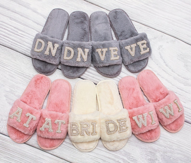 Personalized Fluffy Slippers, Bridesmaid slippers, Bachelorette gifts, Spa slippers, Slumber party, Bridesmaid gift, Wedding slippers-pearls image 6