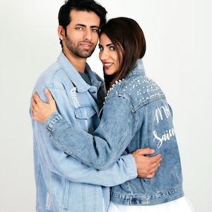 Custom Jean jackets for couple, Wedding jacket, Mr and Mrs Denim jacket, Groom and Bride Gift, wedding date under collar jacket, Pearls jack