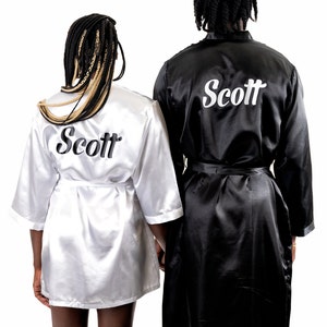 Mr and Mrs, Groom and Bride, His and Hers Satin Robes, Valentines Day Gift, Robes for Couple, Matching King and Queen, Custom robes-script