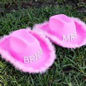 Bridal Mrs Cowgirl Hot Pink Hat, Custom cowboy hat, Bachelorette hat, Bachelorette favors, Bridal gift, Bride Cow hat for Party  - Cow pink