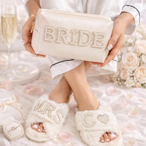 Bridal Gift Set: Pearl Slippers & Cosmetic Bag - Wedding Day