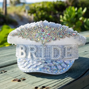 Bride Captain Hat, Rhinestone Captain Hat, Silvery Bride Hat, Sequin Captain Hat, Bride to be Hat, Festival Hat Rhinestone Pearl Bride