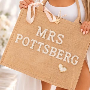 Custom Mrs Bride Tote Bag: Pearl Bachelorette Gift, Personalized Beach Bag image 5