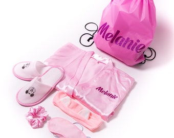 Personalized Spa Party Set: Satin Robe, Slippers & Backpack