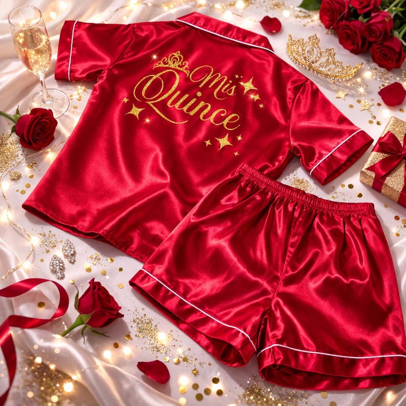 Mis Quince Satin Pajamas, Personalized Quinceañera Pajama Set, Custom Name Pajamas, Sweet 15 Birthday Outfit, Quinceañera Gift for Girl