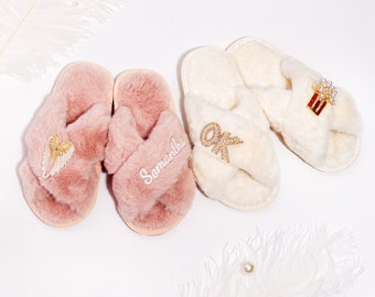 Custom Kids Fluffy Slippers: Personalized Brooch, Flower Girl Gift