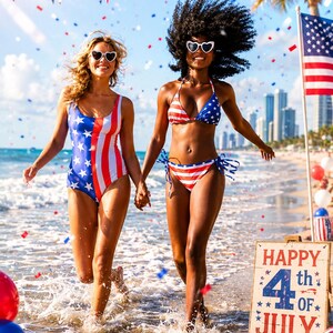 May include: Two people wearing patriotic swimwear run on a beach, holding hands. One wears a swimsuit with stars and stripes, the other a bikini. A sign reads "Happy 4th of July". Confetti and American flags decorate the scene.