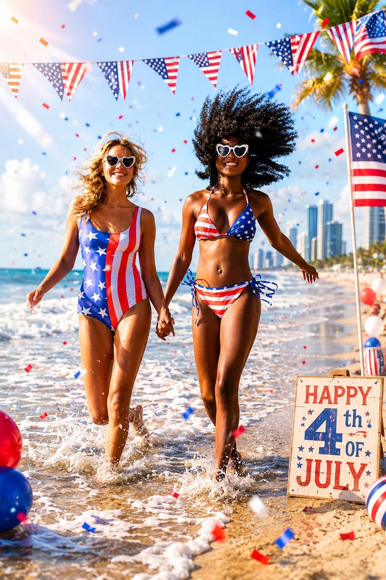 May include: Two people wearing patriotic swimwear run on a beach, holding hands. One wears a swimsuit with stars and stripes, the other a bikini. A sign reads "Happy 4th of July". Confetti and American flags decorate the scene.