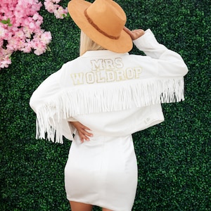 Bride White Jacket with Fringes, Customized Jacket, Cowboy White jacket, Bride Gift ,Wedding bridal jacket, Bridal shower gift - fluffy let