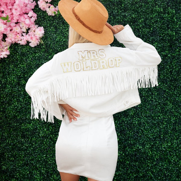 Bride White Jacket with Fringes, Customized Jacket, Cowboy White jacket, Bride Gift ,Wedding bridal jacket, Bridal shower gift - fluffy let