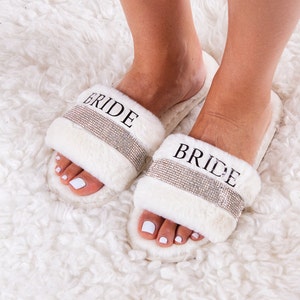 Cozy Bridal Shower Slippers - Custom Bachelorette Party Fluffy Slippers - Personalized Bride Gift, Customized Fluffy Slippers- Bold