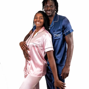 Customized Pjs, Mr and Mrs Pajamas, Bride and Groom Satin Pajamas Sets, Honeymoon pajamas, Couple matching gowns, Personalized Pjs - S+L