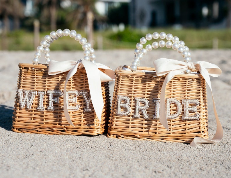 Bride Custom Beach Bag With Pearls and Bow Personalized Straw Etsy