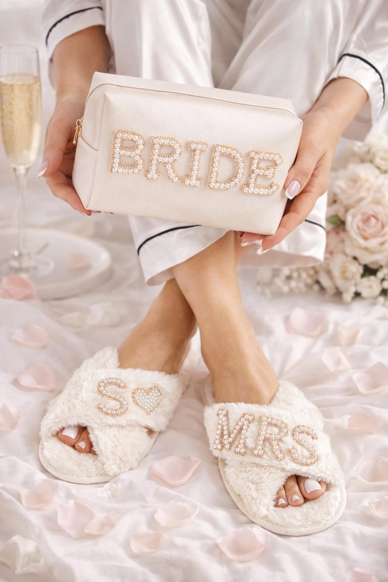 Custom Bride Gift Set: Rhinestone Cosmetic Bag & Pearl Slippers