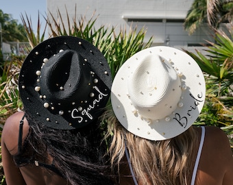 Bride Squad Pearls Hats, Custom Sun hat with name, Cowboy Sun hats with pearls, Bachelorette hats with names, Custom sun hats- adinda