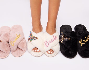 Custom Bridesmaid Slippers: Butterfly Brooch, Personalized Bridal Gift
