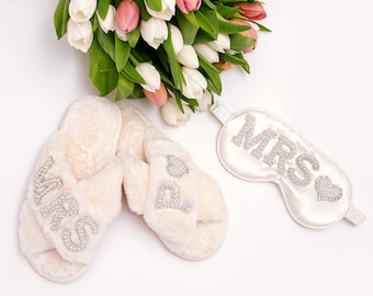 Mrs Bride Gift, Bridal Shower Gift, Eye mask Wedding gift for Bride, Bride Slippers + Sleep masks, Fluffy Cross Pearls slippers -patches