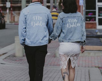 Wedding Groom and Bride Jackets , Mr and Mrs Denim jacket, Custom Jean jackets for couple, Wedding date under collar jacket, Pearls jacket