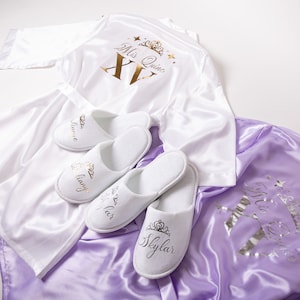 Quinceanera set with robe and slippers, Quinceanera gift, Mis Quince anos satin robes, Customized Mis Quince Robe, Getting ready robe