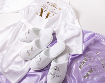 Quinceanera set with robe and slippers, Quinceanera gift, Mis Quince anos satin robes, Customized Mis Quince Robe, Getting ready robe