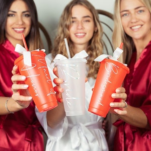 Set of 4 5 6 7 8 9 10 CHOSE QTY plastic cups with straw Bridal shower favors Personalized Bridesmaid Gifts Bride Squad Plastic Cups-silence