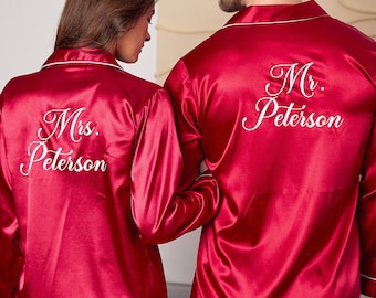 Pyjama Mr et Mme, pyjama personnalisé, cadeau d'anniversaire, pyjama en satin personnalisé mari et femme, pyjama des mariés, cadeau de mariage-L+LMadin
