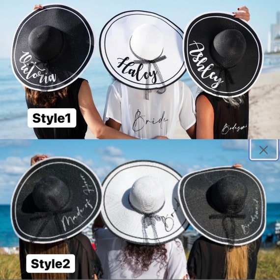 Custom Bridesmaid Sun Hats Large Brims, Black and White Sun Hats, Personalized  Floppy Sun Hats With Names, Bridal Sun Hats, Large Brims 