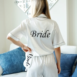 Bridal Custom Pajama, Bride to be Pajama, Honeymoon pajama, Bachelorette Pajamas, Wedding gift, Bridal gift, White Short Satin Pajama-S+S