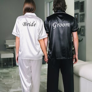 Customized Satin Pajamas for Couple, Personalized Pjs, Groom and Bride Pjs , Mr and Mrs Pajamas, Honeymoon gift, Anniversary gift, SL image 3