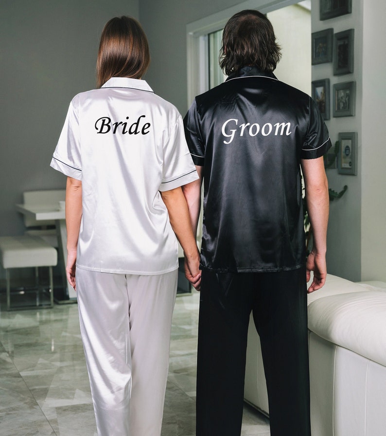 Customized Satin Pajamas for Couple, Personalized Pjs, Groom and Bride Pjs , Mr and Mrs Pajamas, Honeymoon gift, Anniversary gift, SL image 3