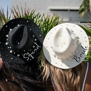 Custom sun hat w pearls, Bride Squad Pearls Hat, Custom Sun hat with name, Cowboy Sun hats with pearls, Bachelorette hats with name adinda image 2