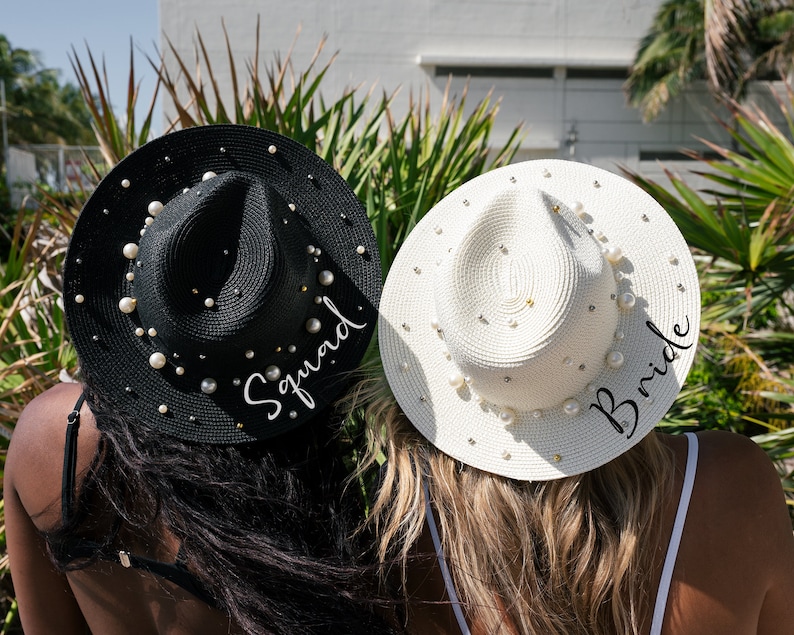 Custom sun hat w pearls, Bride Squad Pearls Hat, Custom Sun hat with name, Cowboy Sun hats with pearls, Bachelorette hats with name adinda image 2