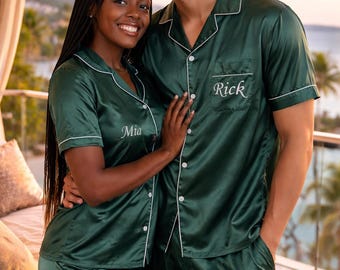 Personalized Satin Couple Pajamas: Mr & Mrs Matching PJs  S+L