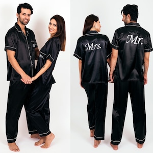 Mr and Mrs Custom Satin Pajamas: Personalized Couple PJs