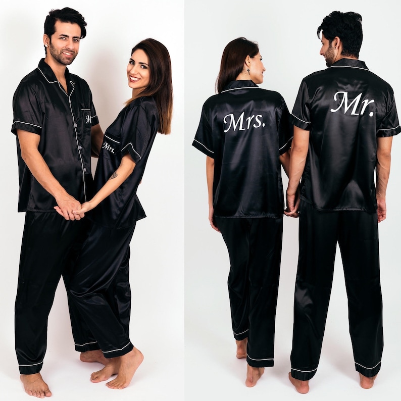 Customized Satin Pajamas for Couple, Personalized Pjs, Groom and Bride Pjs , Mr and Mrs Pajamas, Honeymoon gift, Anniversary gift, SL image 6