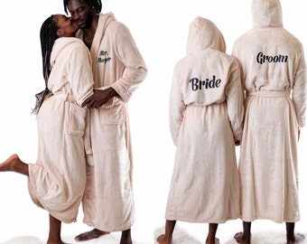 Custom His and Hers Bathrobes with hoodies, Long Bathrobes, Honeymoon Gift, Anniversary gift, Groom Bride Gift, Wedding gift-hooded