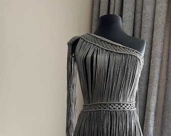 Macrame Beachwear,Makramee Kleid, Geburtstagskleid, glänzendes Material, verrücktes Partykleid, Festivalkleid, Fransenkleid, schwarzes Kleid, Boho Kleid,
