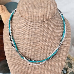 Freshwater Pearl, Turquoise, and Sterling Silver Pearl Three Strand Necklace, One-of-a-kind, Costal Cowgirl Necklace