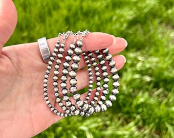 Navajo Style Sterling Silver Pearl Bracelet, Beaded Western Jewelry