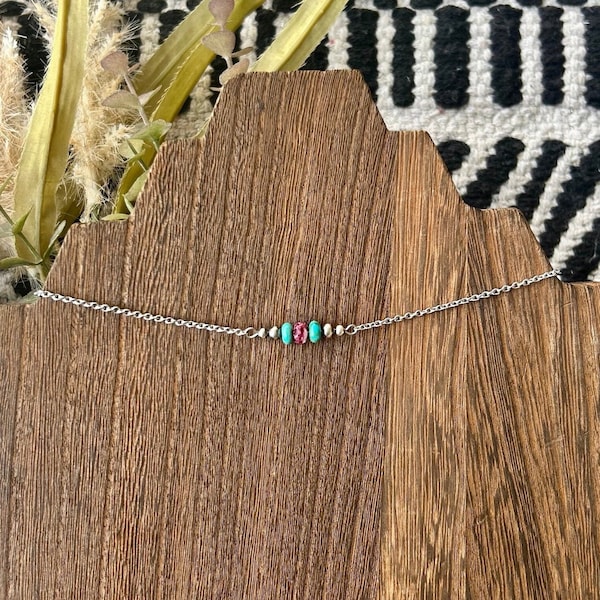 Dainty Turquoise and Spiny Oyster, Sterling Silver, Navajo, Style, Pearl, Western, Choker, Necklace