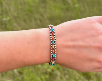 Woven Sterling Silver Pearl Bracelet with Turquoise and Spiny Oyster