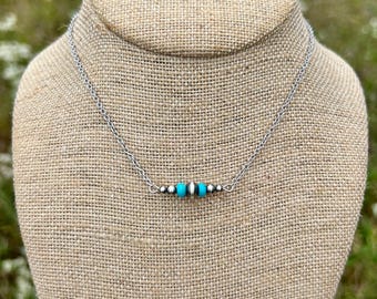 Dainty Turquoise and Sterling Silver Navajo Style Pearl Choker Necklace with Genuine Turquoise
