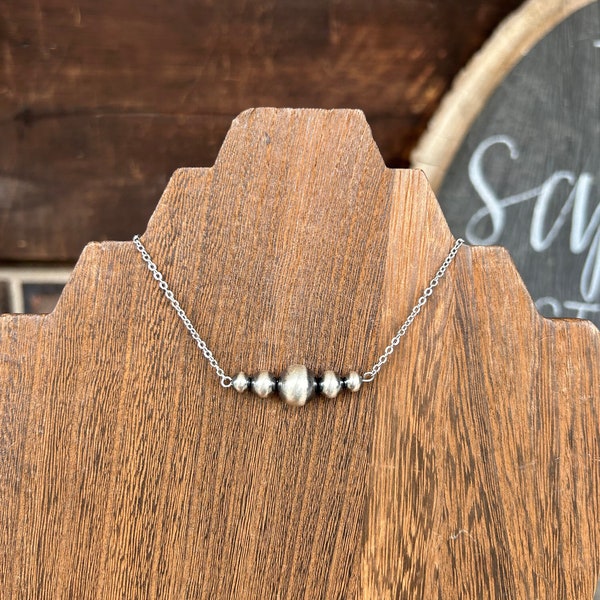 Graduated Navajo Style Pearl Bar Necklace, Western, Silver, Necklace